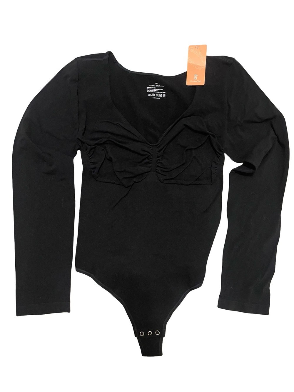 NWT FeelinGirl Black Ruched Long Sleeve Tummy Control Bodysuit - 3XL